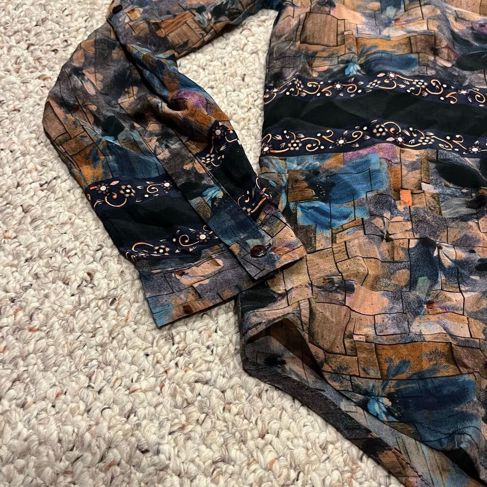 Tolani Silk Floral Button Down Long Sleeve Shirt S Artsy Art to Wear Boho Casual - Picture 3 of 6